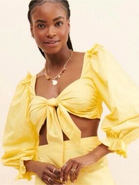 Allina Liu | Idun Yellow Tie-Front Puff Sleeve Crop Top
